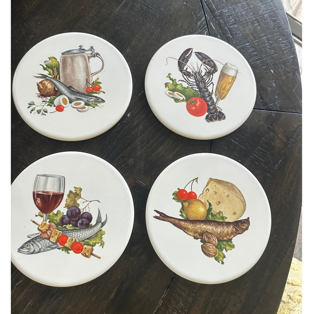 Vintage Seafood Still Life Ceramic Coasters Wall Plaque Set of 4 Lobster Fish 6"